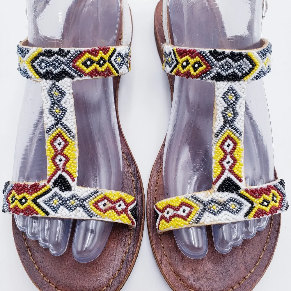Freebird By Steven Juno Flat‎ Sandal Beaded TStrap Slingback Womens Size 39 8.5